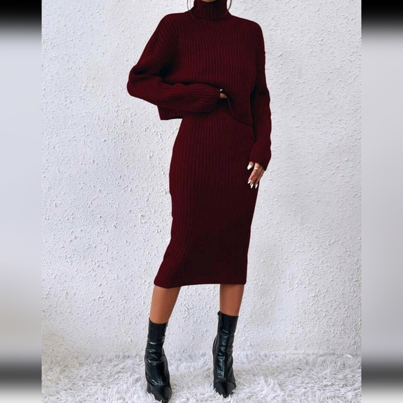 Pants - Turtleneck Drop Shoulder Sweater & Knit Dress